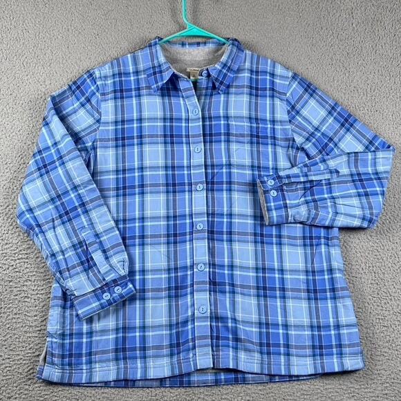 L.L. Bean Women's XL Fleece-Lined Flannel Shirt, Snap-Front Blue Plaid - Picture 1 of 8